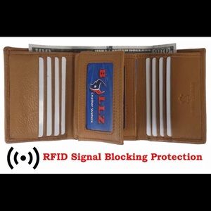 RFID signal blocking trifold men’s wallet TAN